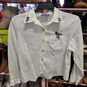 Karen Scott Women White Long Sleeve Button Up Shirt Embroidered Holiday Pocket M